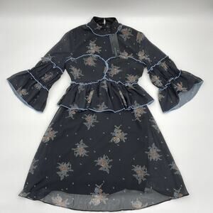 New LOST INK Patterned Ruffle Bell Sleeve Chiffon Dress Womens Sz XXS